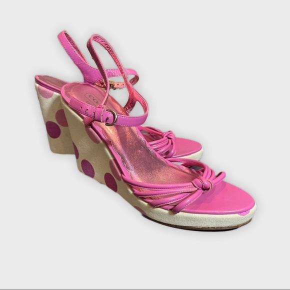 Coach | Lona Pink & Cream Polka Dot Wedge Heels Leather Ankle Strap Size 8.5 - Picture 2 of 6